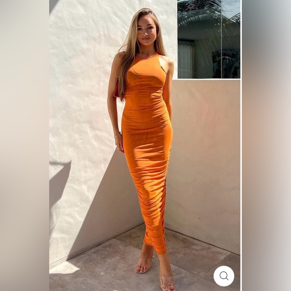 SNDYS Palamas Mesh Dress – Orange Ruched Bodycon Midi – Size Small